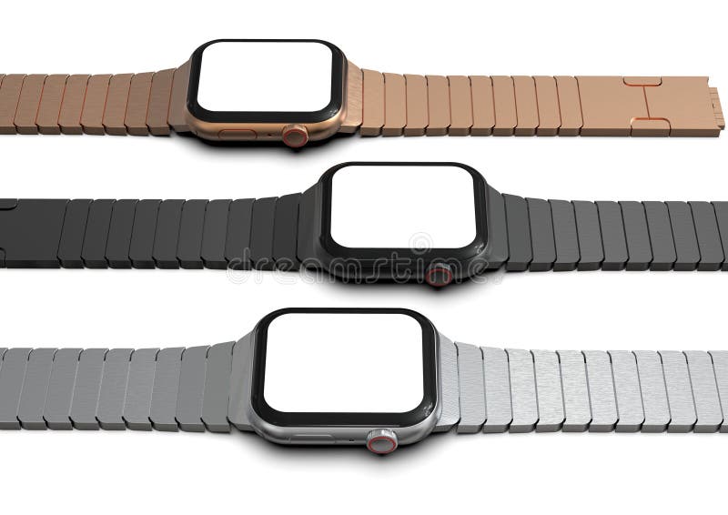 3个苹果计算机手表4样式smartwatch设备,平在桌上 库存例证 3个苹果计算机手表4样式smartwatch设备,平在桌上 库存例证